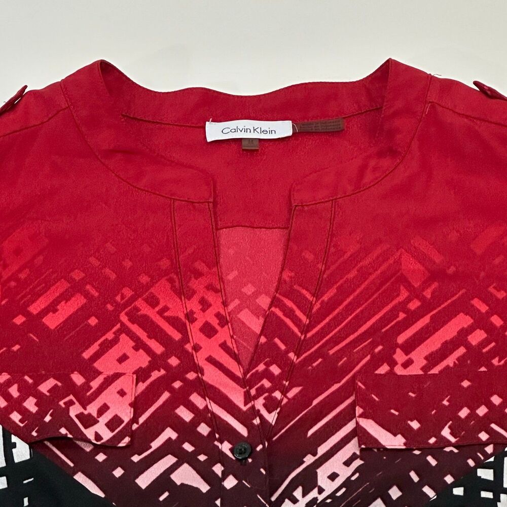 Calvin Klein Women's Long Sleeve Blouse Red Black Geometric Size 3XL